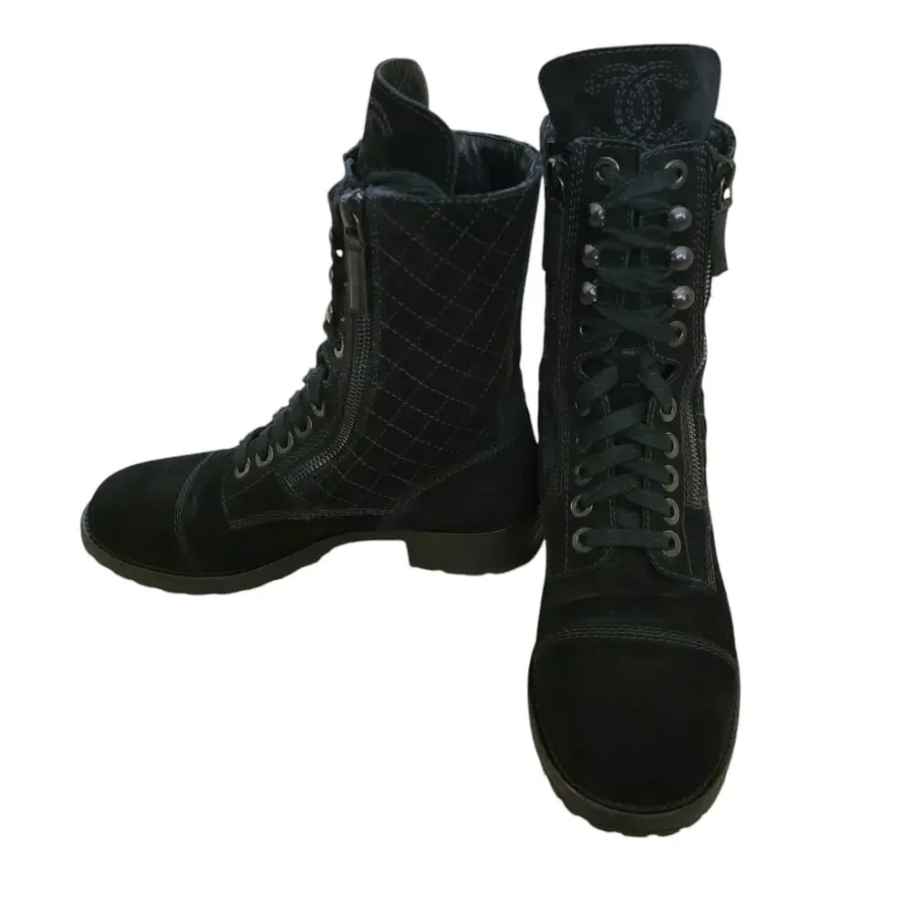 Chanel Ankle Quilted Suede Combat Boots Moto Lace Up CC Logo Black 37 US 6.5